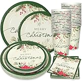 Whaline 24 Sets Christmas Holly Paper Plates Cups Napkins Party Decorations Poinsettia Mistletoe Disposable Plates Merry Christmas Tableware Set for Xmas Winter Holiday Wedding Birthday Party