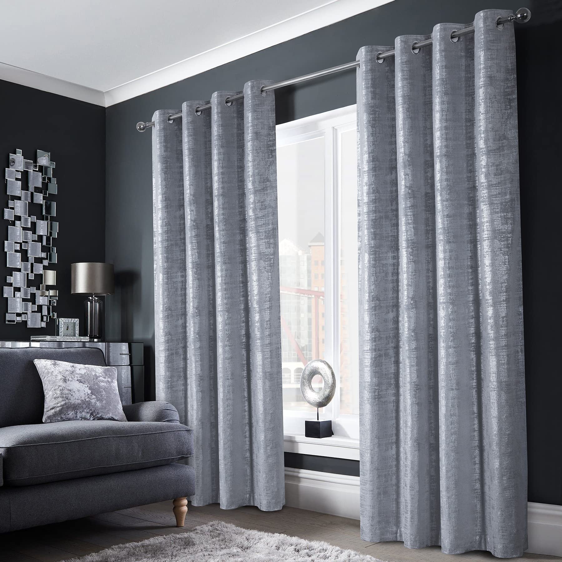 always4u 100% Blackout Soft Velvet Curtains for Bedroom Living Room Thermal Energy Saving 84 Inches Long Luxury Silver Foil Print Drapes 2 Panels Silver