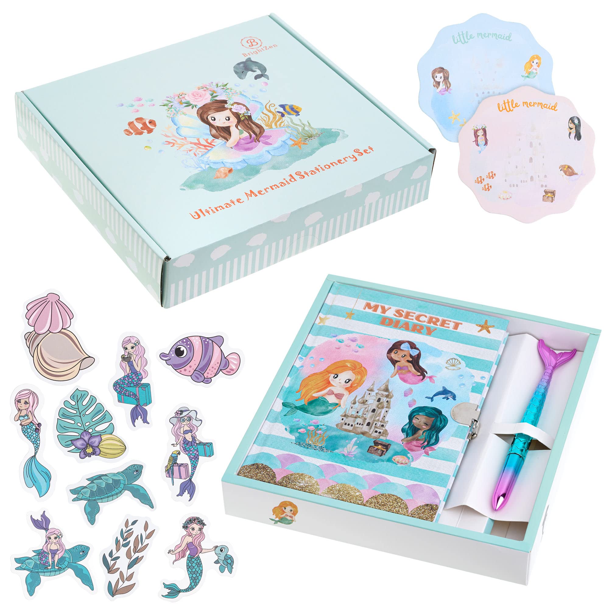 Brightzen Stationery Gift Set Mermaid Lockable Secret Diary, Cute Pen, Sticky Notepads and 50 Stickers - Great Gift Idea for Girls, Birthday Gift, Mermaid Present for Kids