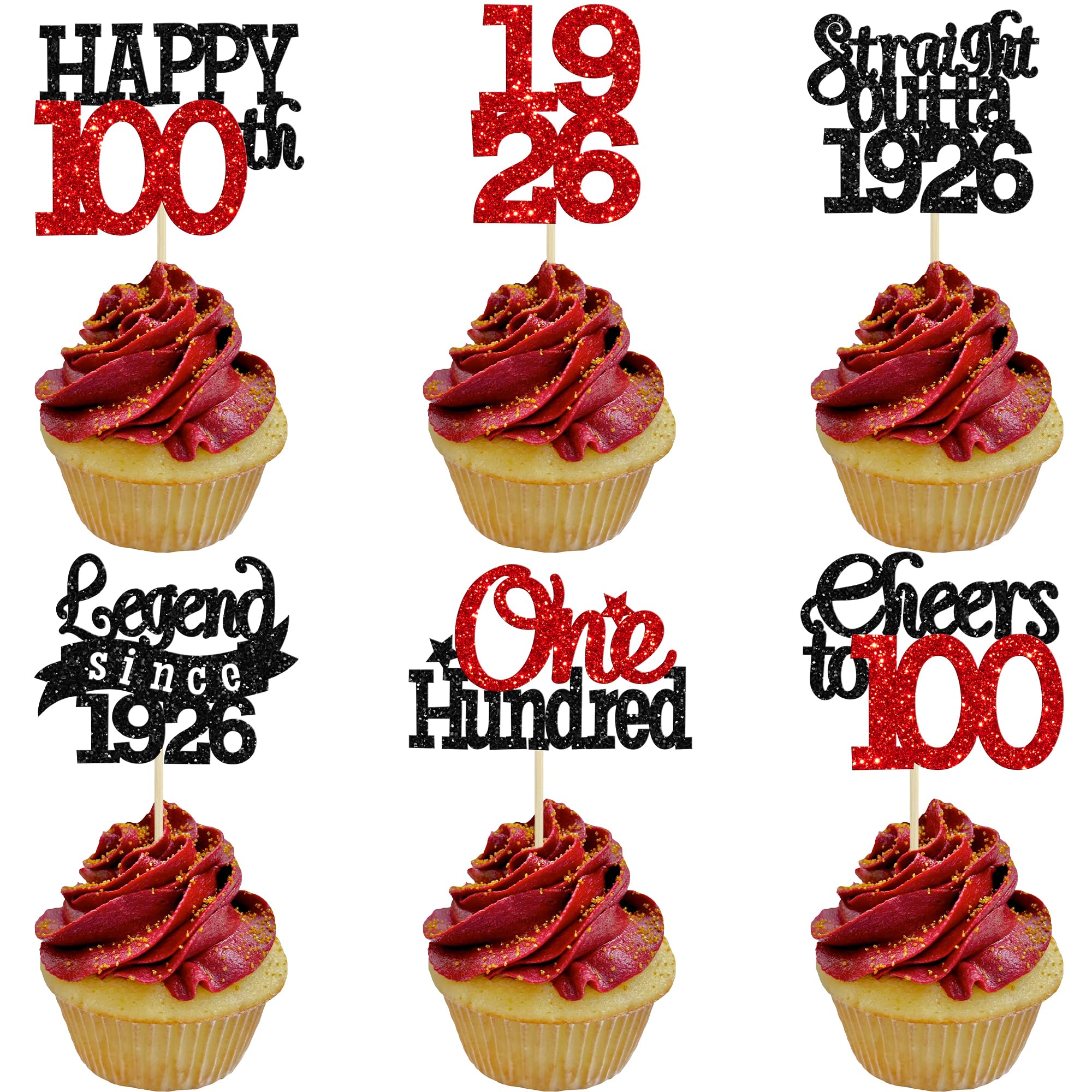 Gyufise 24Pcs Happy 100th Birthday Cupcake Toppers 100 Legend Since 1926 Cupcake Picks Cheers to 100 Years Cake Decorations for 100th Birthday Anniversary Party Supplies Black Red