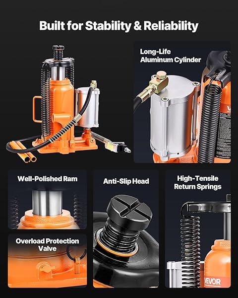 VEVOR AIR HYDRAULIC BOTTLE JACK, 20 TON/40000 LBS ALL WELDED BOTTLE JACK, 10.4-19.7 INCH LIFTING RANGE, MANUAL HANDLE AND AIR PUMP, FOR CAR, PICKUP, TRUCK, RV, AUTO REPAIR, INDUSTRIAL ENGINEERING