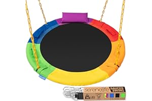 SereneLife 40" Saucer Swing - Outdoor Swing Set with Heavy-Duty Chains & Hanging Kit, Swinging Seat Spinner with Pillow & Carry Bag, Weatherproof, Water-Resistant, Supports Up to 700 lbs, Rainbow
