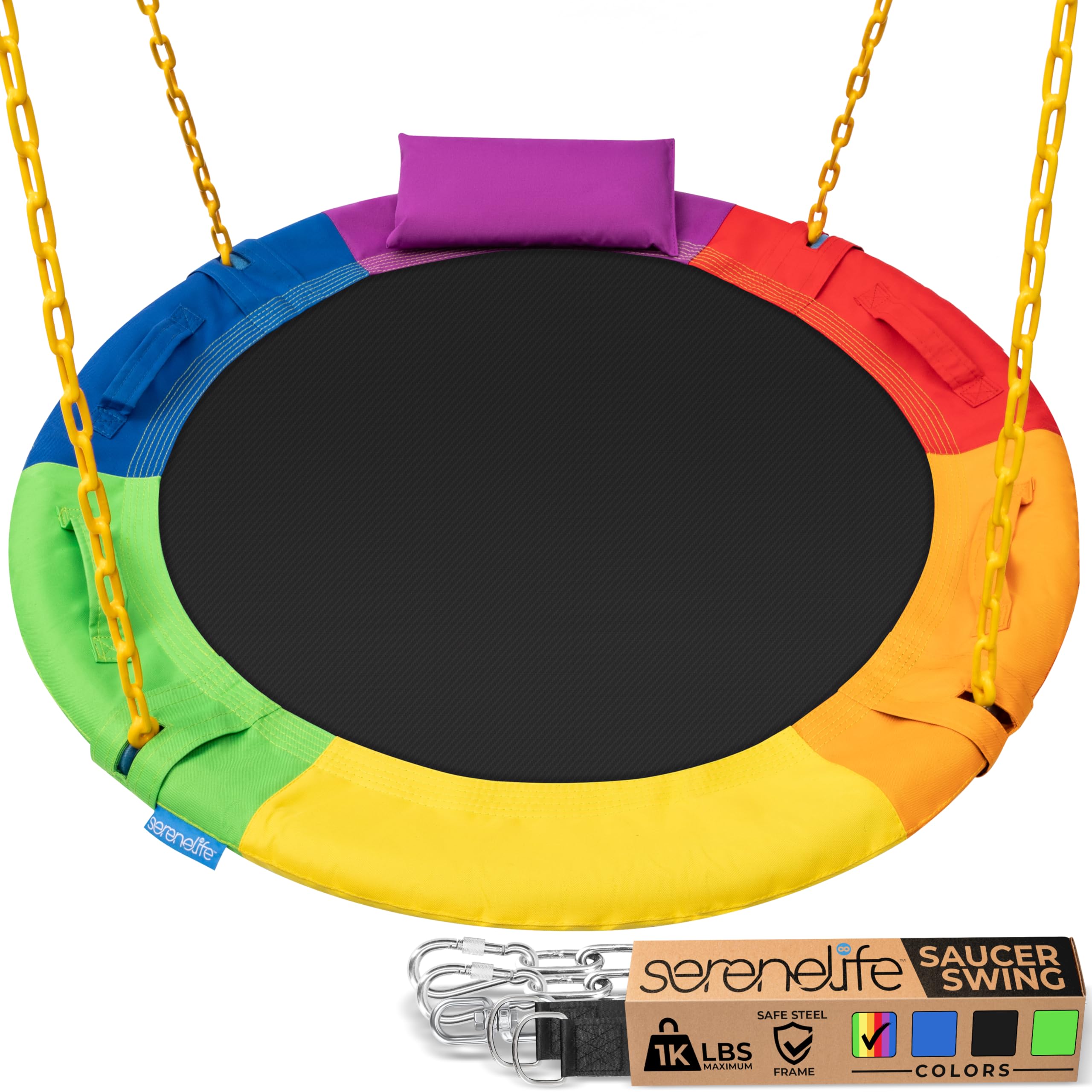 SereneLife 40" Saucer Swing - Outdoor Swing Set with Heavy-Duty Chains & Hanging Kit, Swinging Seat Spinner with Pillow & Carry Bag, Weatherproof, Water-Resistant, Supports Up to 700 lbs, Rainbow Image SereneLife 40" Saucer Swing - Outdoor Swing Set with Heavy-Duty Chains & Hanging Kit, Swinging Seat Spinner with Pillow & Carry Bag, Weatherproof, Water-Resistant, Supports Up to 700 lbs, Rainbow Image