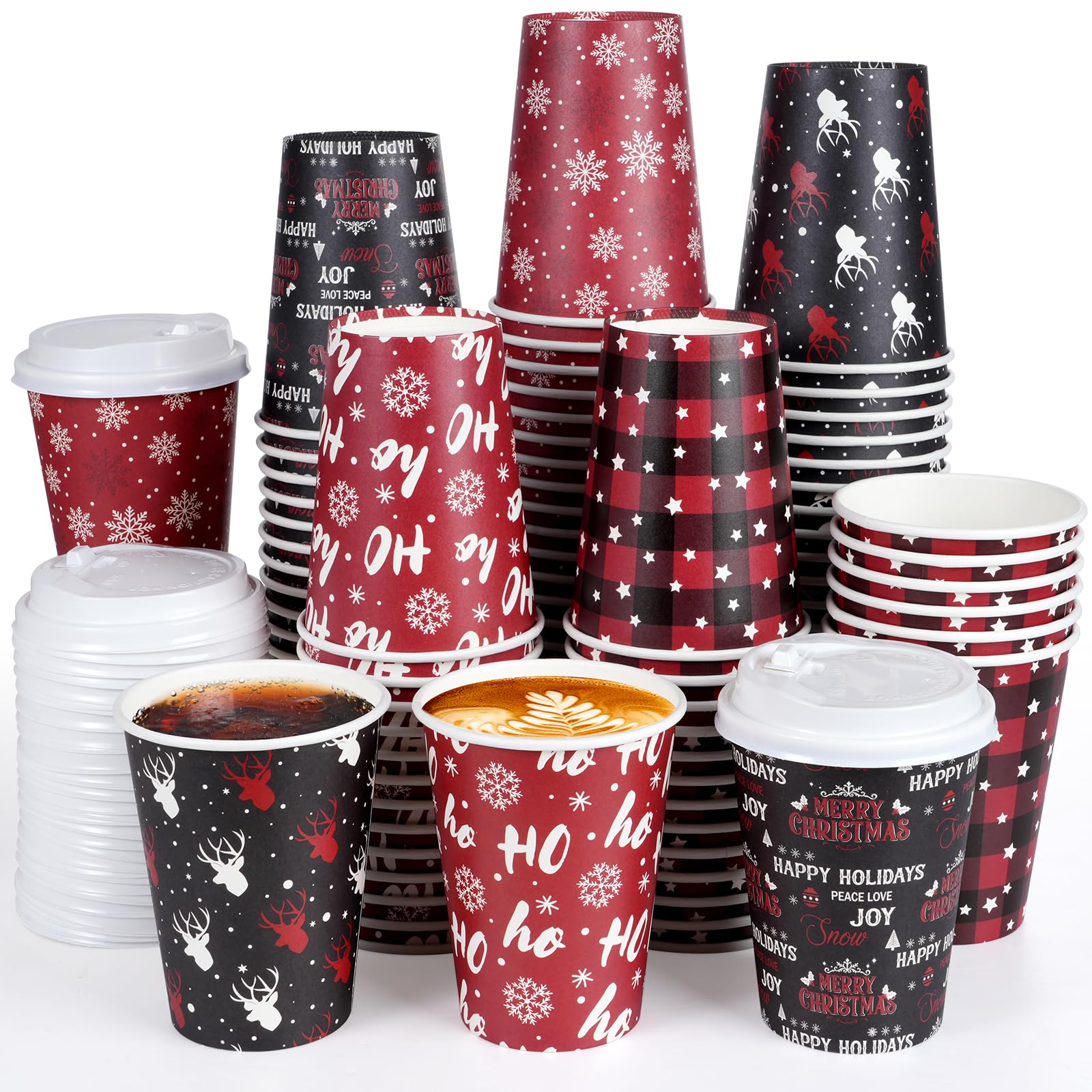 Photo 1 of 100 Set Christmas Disposable Coffee Cups with Lids 12oz, Bulk Red and Black Xmas Holiday Hot Chocolate Party Paper Cups for Hot Cocoa Cold Drinks Christmas New Year Winter Party Supplies Decorations