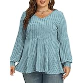 VOGRACE Plus-Size-Tops-for-Women Dressy V Neck Lantern Long Sleeve Shirts Casual Oversized Tunics Knit Pullover Sweaters