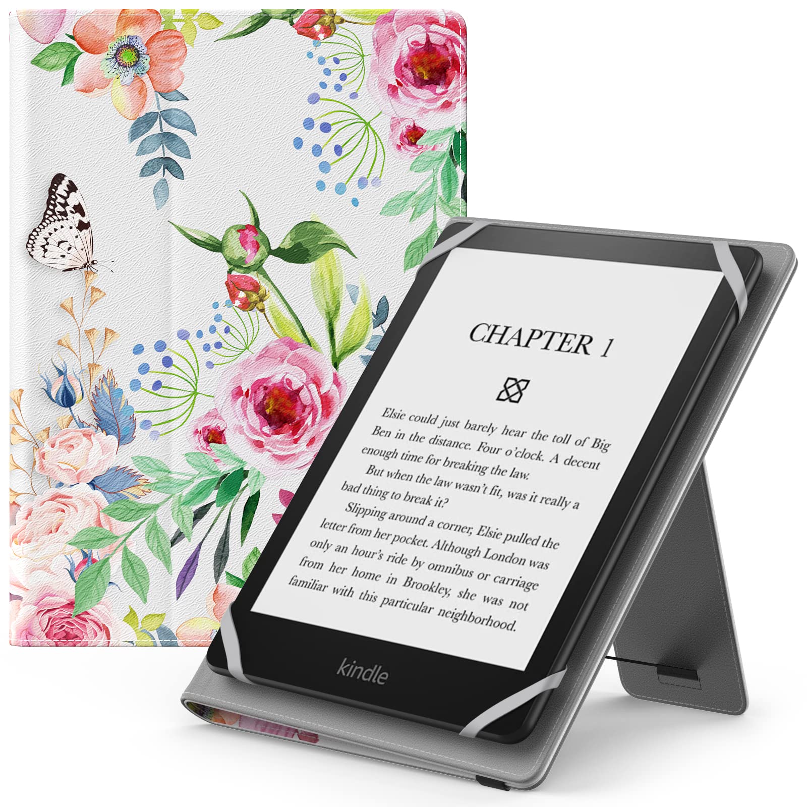 MoKo Universal Case for 6",7" Kindle eReaders - Kobo/Voyager/Lenovo/Sony, Lightweight PU Leather Folio Shell Cover Case, with Hand Strap/Kickstand, Flowers — image 1