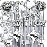 Refavor Disco Birthday Party Decorations - 87pcs Disco Happy Birthday Party Decorations Silver Backdrop Disco Birthday Balloons Ball Decor 60s 70s 80s Cool Retro Silver Birthday Decorations Women Men