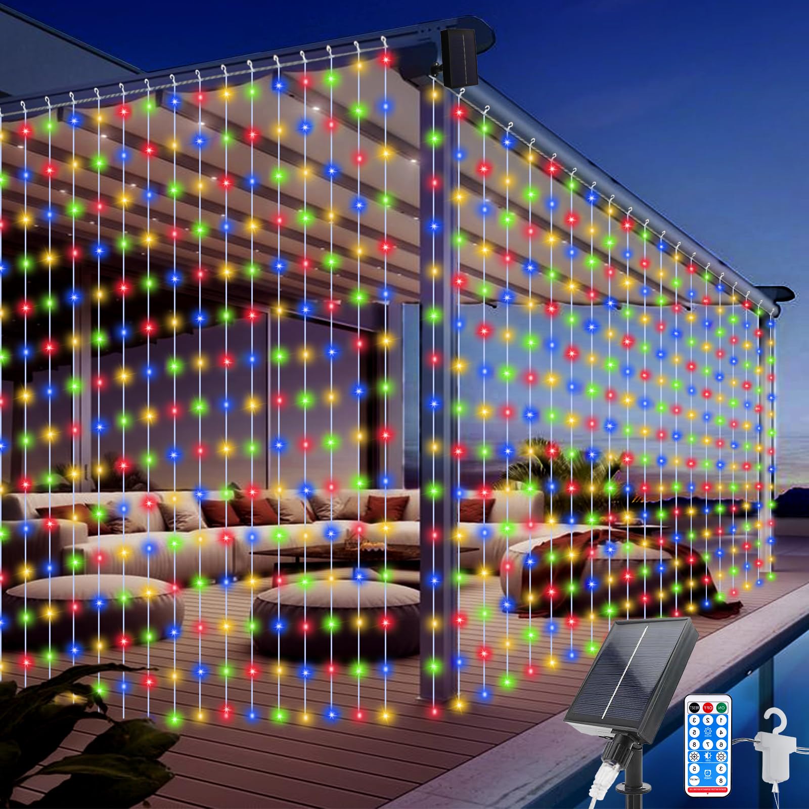 Acxilexy 300 LED Solar Curtain Lights Outdoor, 3M*3M Solar Christmas String Lights, 8 Modes Waterfall Fairy Lights, Remote Control, Waterproof Curtain String Lights for Christmas Party Garden