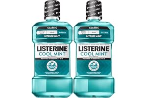 Listerine Mouthwash Cool Mint Antiseptic Treatment for Adults Kills 99.9% of Germs that Cause Bad Breath Plaque Gingivitis in a Daily Intense Mint Mouthwash, 2 Pack of 33.8 fl oz/1 L