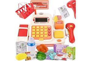 BUYGER Toy Cash Register for Kids with Real Scanner Credit Card Play Money Electronic Calculator Microphone Pretend Play Toy Cashier Store Grocery Playset Accessories Gifts for Children Girls Boys