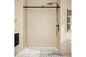 PEACEFULHUES Frameless Sliding Shower Door Enclosure - 44 to 48 Inch Adjustable Width x 76Inch Height, 8mm Coated Tempered Safety Glass with Easy Clean, Square Stainless Steel Rail, Matte Black for Modern Bathroom