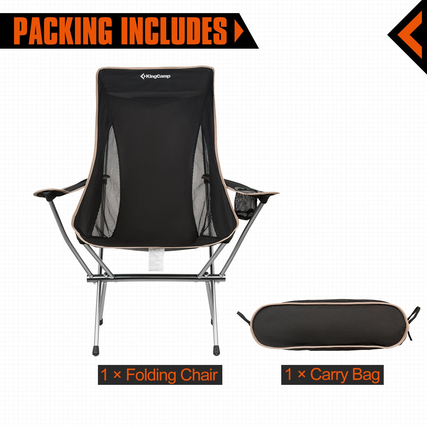 KingCamp Ultralight Compact Strong High Back Folding Chair with Armrest Cup Holder, Only 3.7 lbs