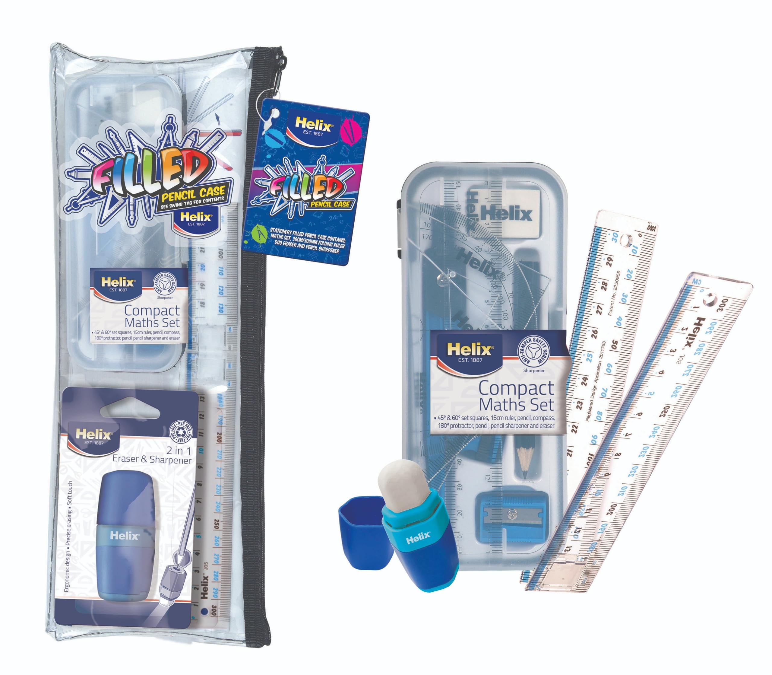 Helix Complete Stationery Set - Filled Pencil Case - Stationery School Supplies - Maths Set, Folding Ruler, 2 in 1 Pencil Sharpener and Eraser - 13.5 inch Clear pencil Case Suitable for Exam Use