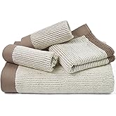 Cleanbear Bathroom Towels Set 4 Piece, 100% Cotton, Ultra Soft, Absorbent and Quick Dry Towel Set, 1 Bath, 1 Hand, 2 Washcloths, Light Beige with Brown Border, Suitable for Men and Women