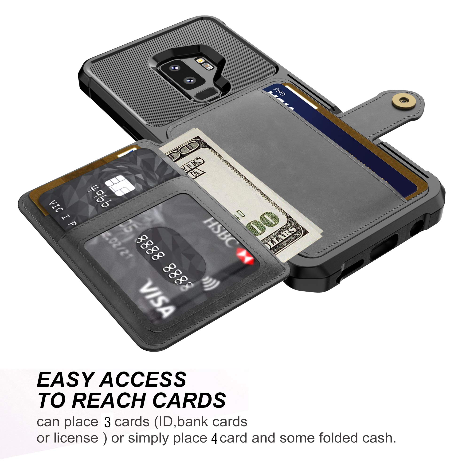 Galaxy S9 Plus Wallet Case, Sumsung S9+ Flip Leather Kickstand Fit Magnetic Wireless Car Charger Mount Slim Durable Shockproof Protective Card Slots Holder Case Cover (Black)