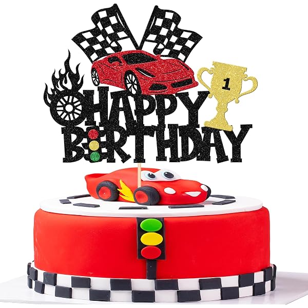 Race Car Happy Birthday Cake Topper - Glitter Checkered Flag, Traffic Light, Trophy, Wheel - View #10