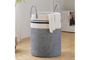 58L Large Woven Laundry Hamper by Fiona's magic, Laundry Basket Storage, Baby Nursery Hamper Toys and Clothes Hamper for Bedroom and Living Room Organizing, Jute, Blue,Tall (58L ) (15''x15''x20'')