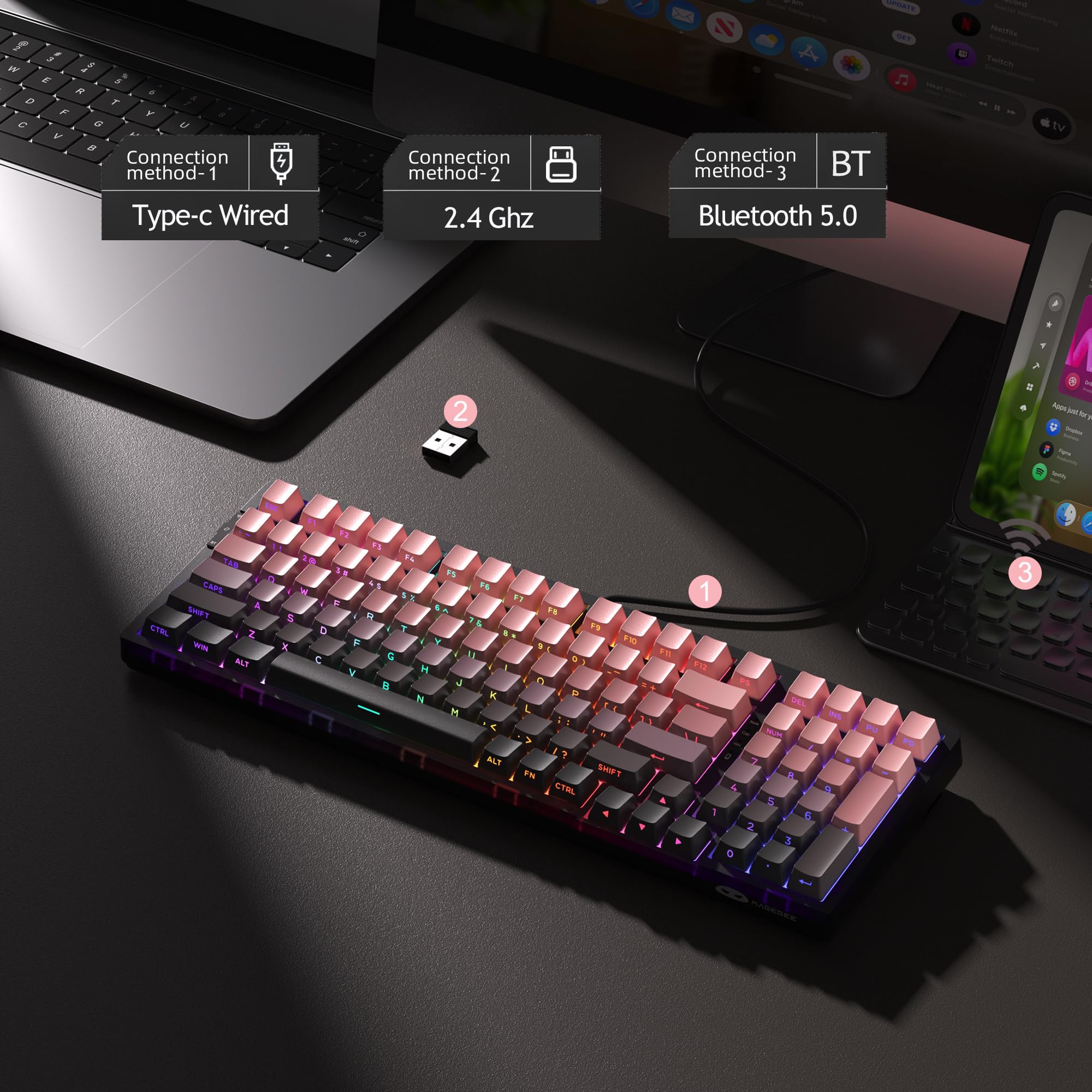 MageGee LIGHT100 Wireless Creamy Keyboard, Gasket Structure Hot Swappable, 2.4G/USB-C/BT5.0 RGB Backlit Mechanical Gaming Keyboard for Win/Mac/PC, 8000mAh Battery, Side Printed PBT Keycap, Pink