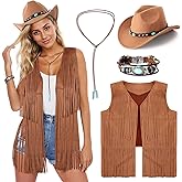 PARTTELY Western Outfits for Women Cowgirl Outfits Cowgirl Vest Boho Cowboy Hat Fringe Vest for Halloween Cosplay