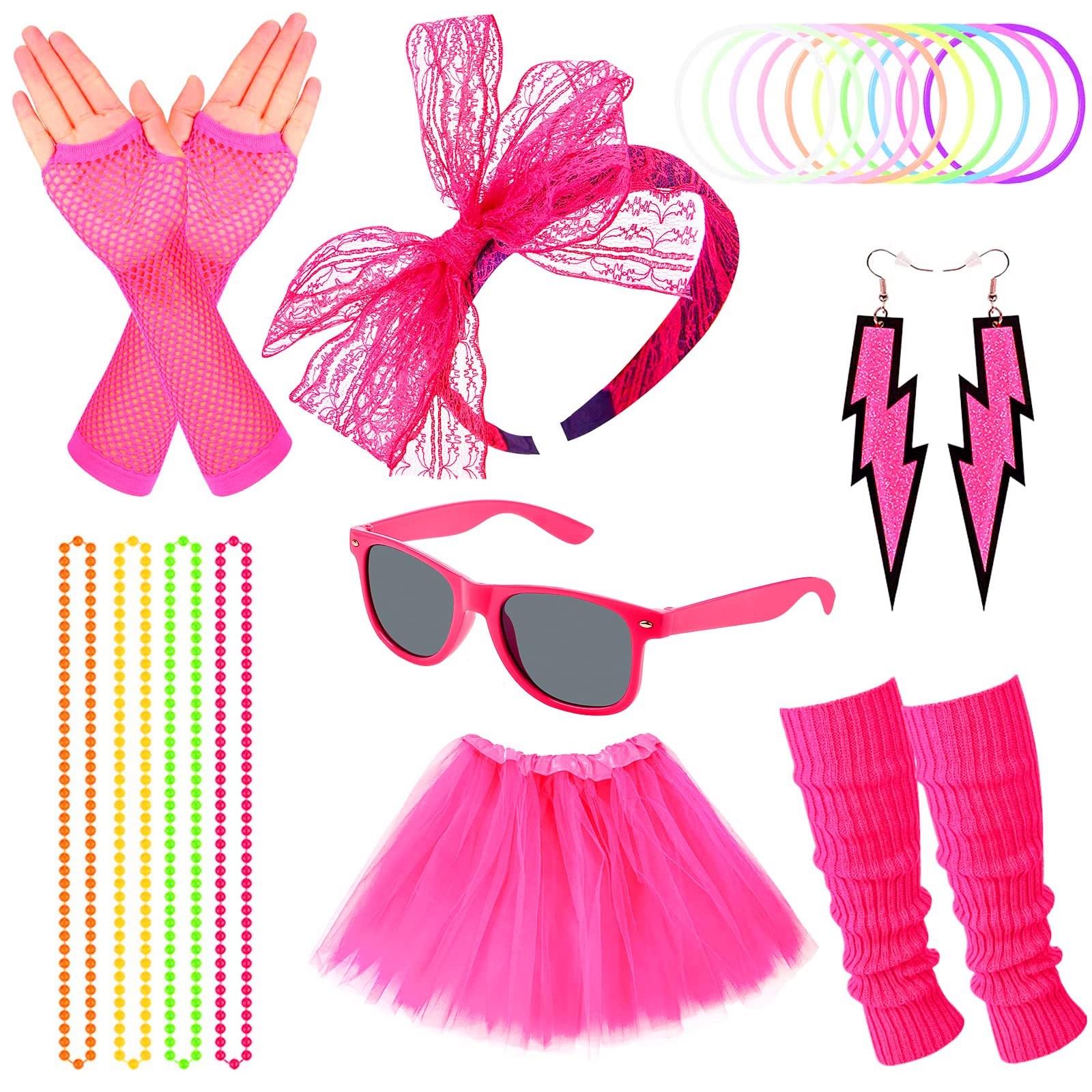 Pipihome 80s Costume Accessories Set for Women, 80s Fancy Dress Neon Headband Earrings Fishnet Gloves Bracelets Necklace Headband Accessories for 80s Retro Party