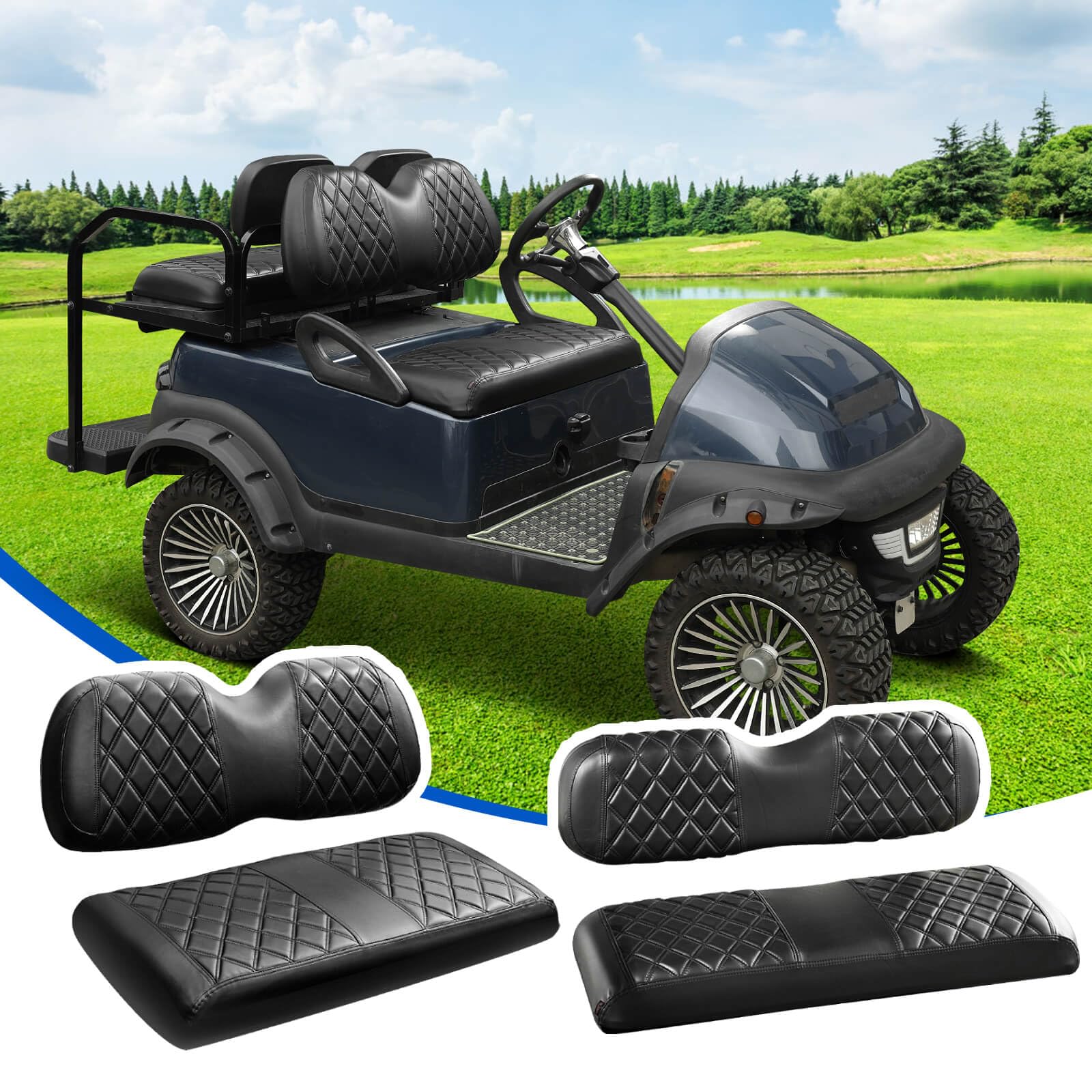 Photo 1 of NOKINS 4PCS Golf Cart Seat Covers Kit, Front and Rear Seat Covers Fits Club Car Precedent Standard Seat Cushion, Club Car Vinyl Seat Covers Accessories, No Staples(Black&Black Stitch)
