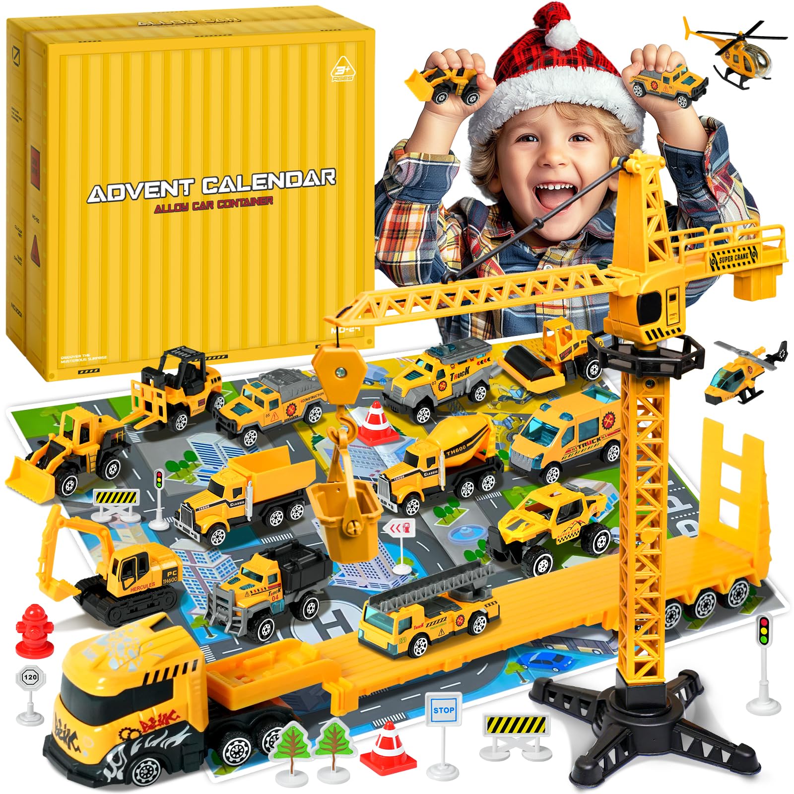 Advent Calendar 2025 Car Engineering Vehicles for Kids Toys Engineering Vehicles Alloy Different Car Set Stocking Stuffer with Plus a Play Mat for Boys and Girls Gifts