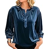 R.Vivimos Fall Tops for Women 2026 Velvet 3/4 Sleeve Henley Button Up Loose Casual Blouses Shirts