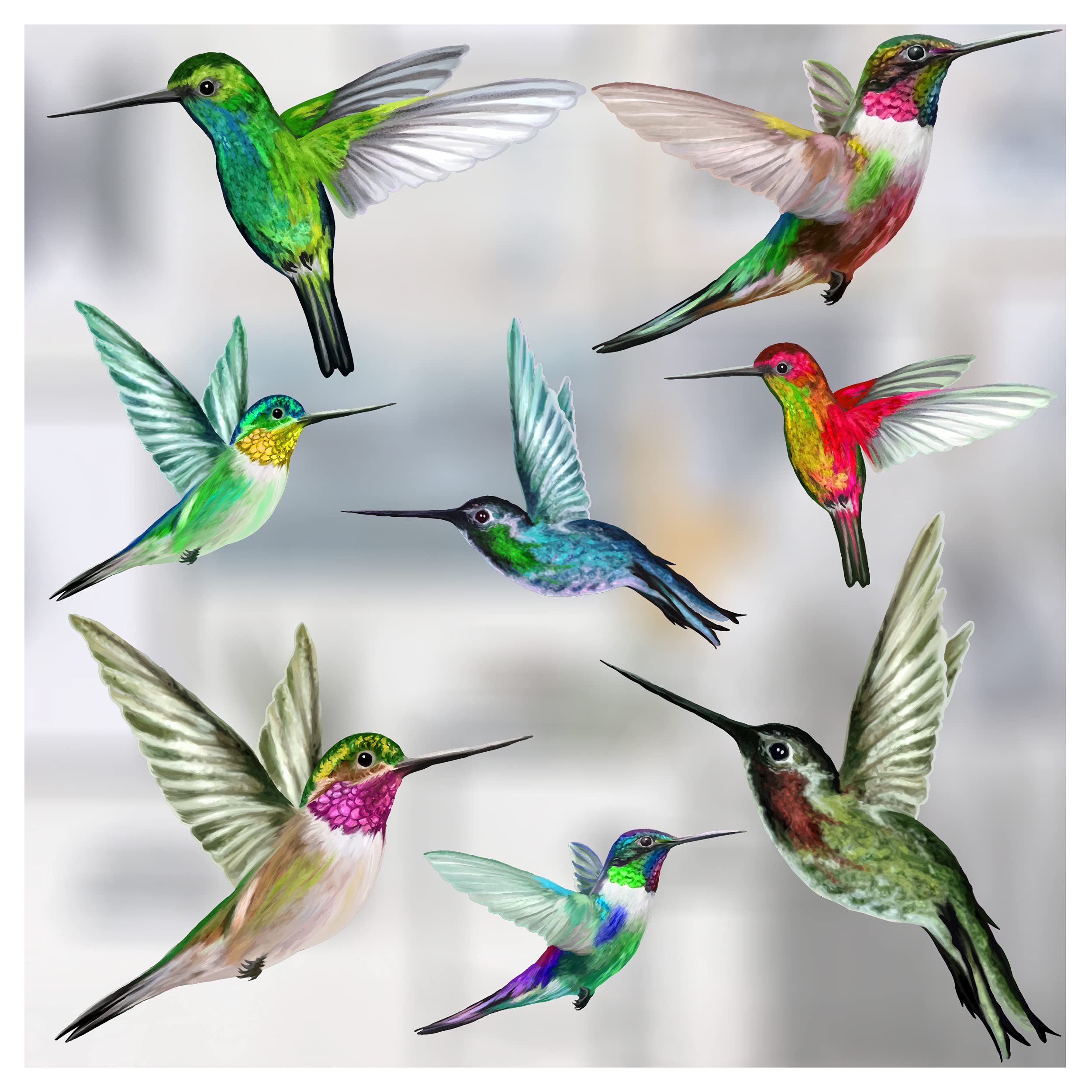 8 Mixed Beautiful Humming Bird Static Cling Window Stickers - Hummingbird Anti Collision Bird Strike Window Stickers - Unique Double Sided Print