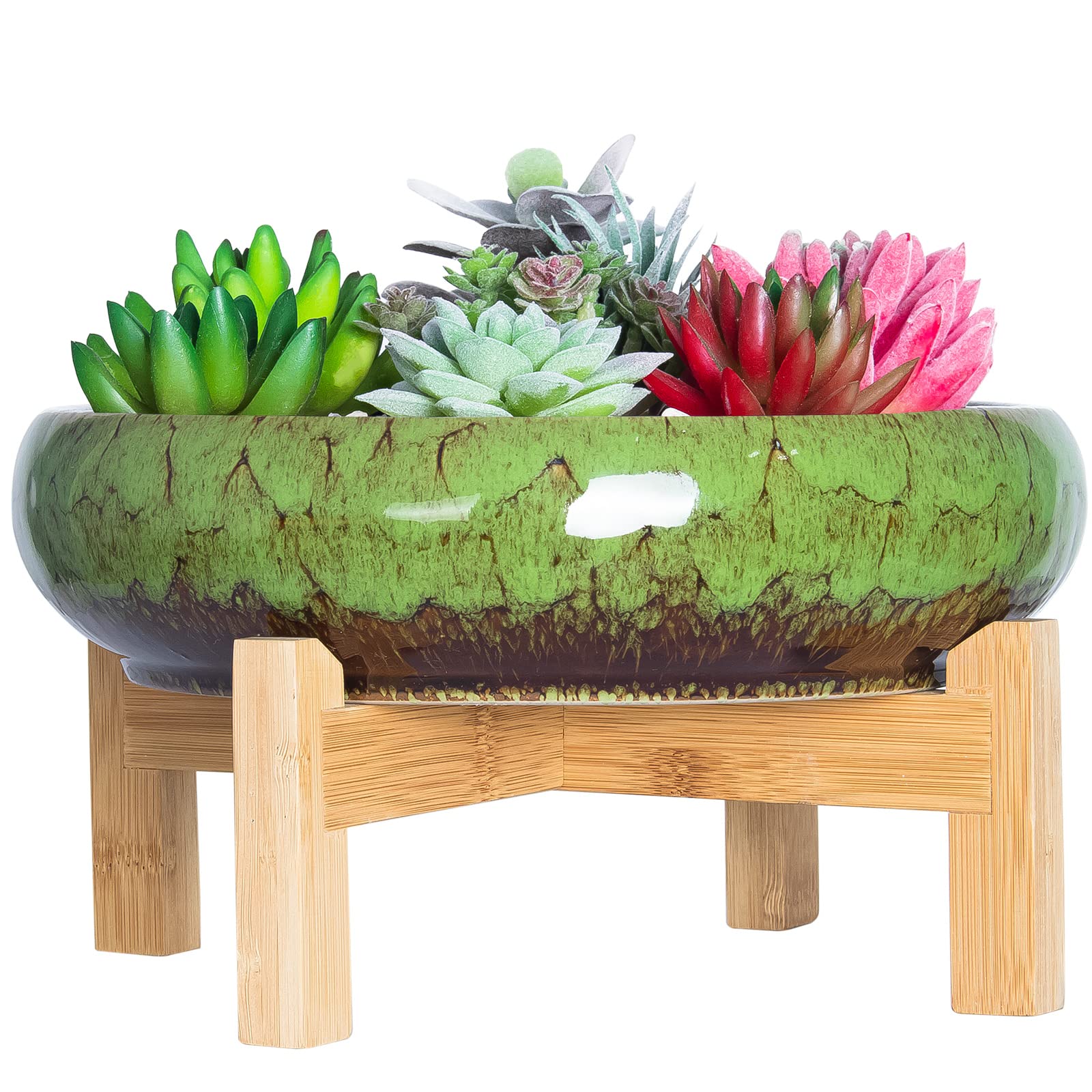 ARTKETTY Bonsai Pot - Large Succulent Pot with Stand Shallow Plant Pot with Mess Drainage Screen, 25.4 CM Ceramic Flower Plant Container Bowl for Indoor/Outdoor (Green)