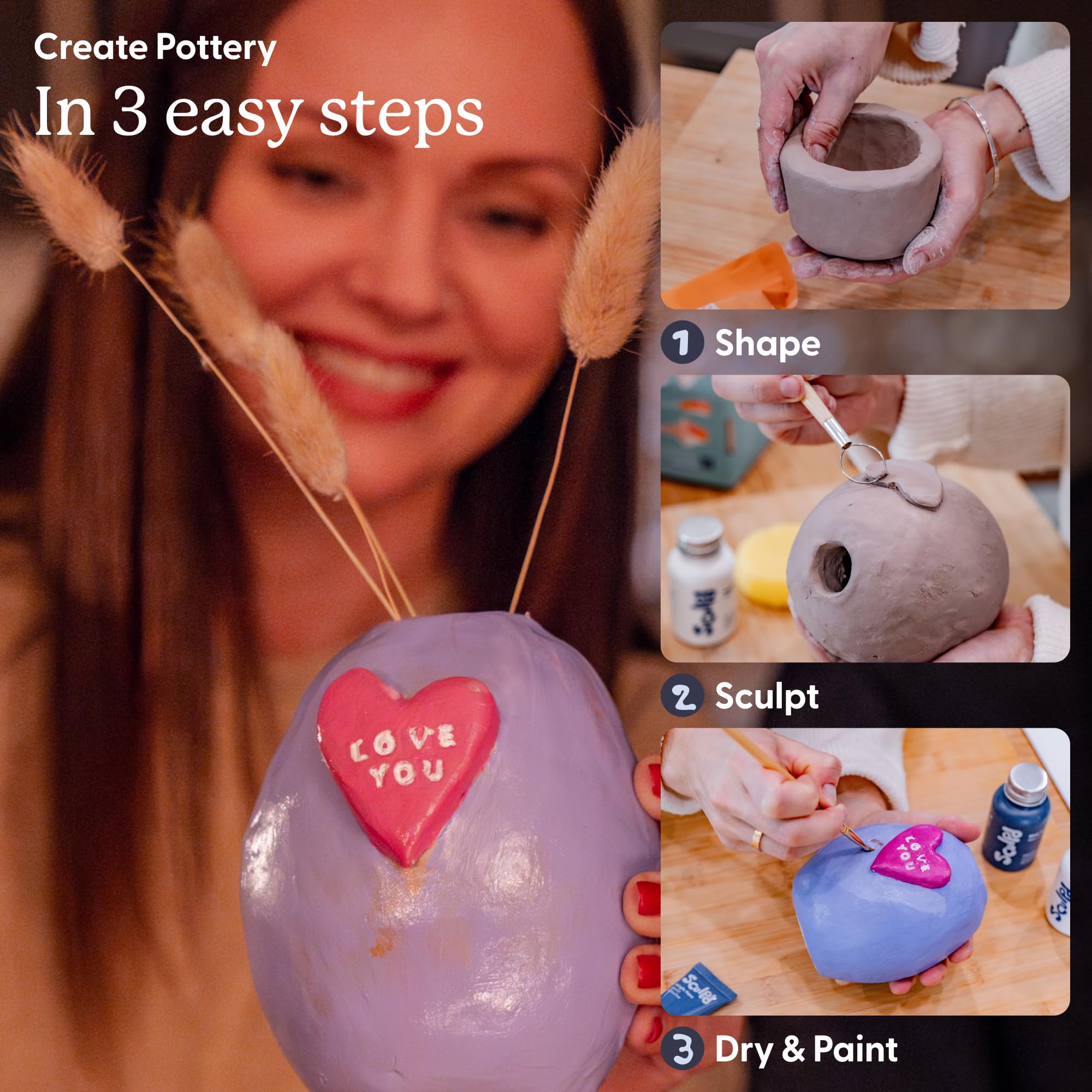 Sculpd - The Original Pottery Kit - Complete Air Dry Clay Kit for Adults Includes Sculpting Tools, Varnish, Paint Brushes, Guides, Arts & Crafts Sets, Gloss Varnish