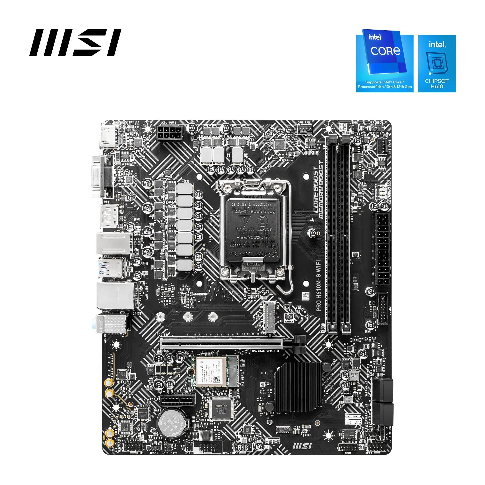 msi PRO H610M-G WiFi Motherboard, Micro-ATX - Supports Intel Core 14th, 13th and 12th Gen Processors, LGA 1700 - DDR5 Memory Boost 5600MHz/MAX, PCIe 4.0 x16 Slot, M.2 Gen3 Slot, Wi-Fi 6E, BT 5.3