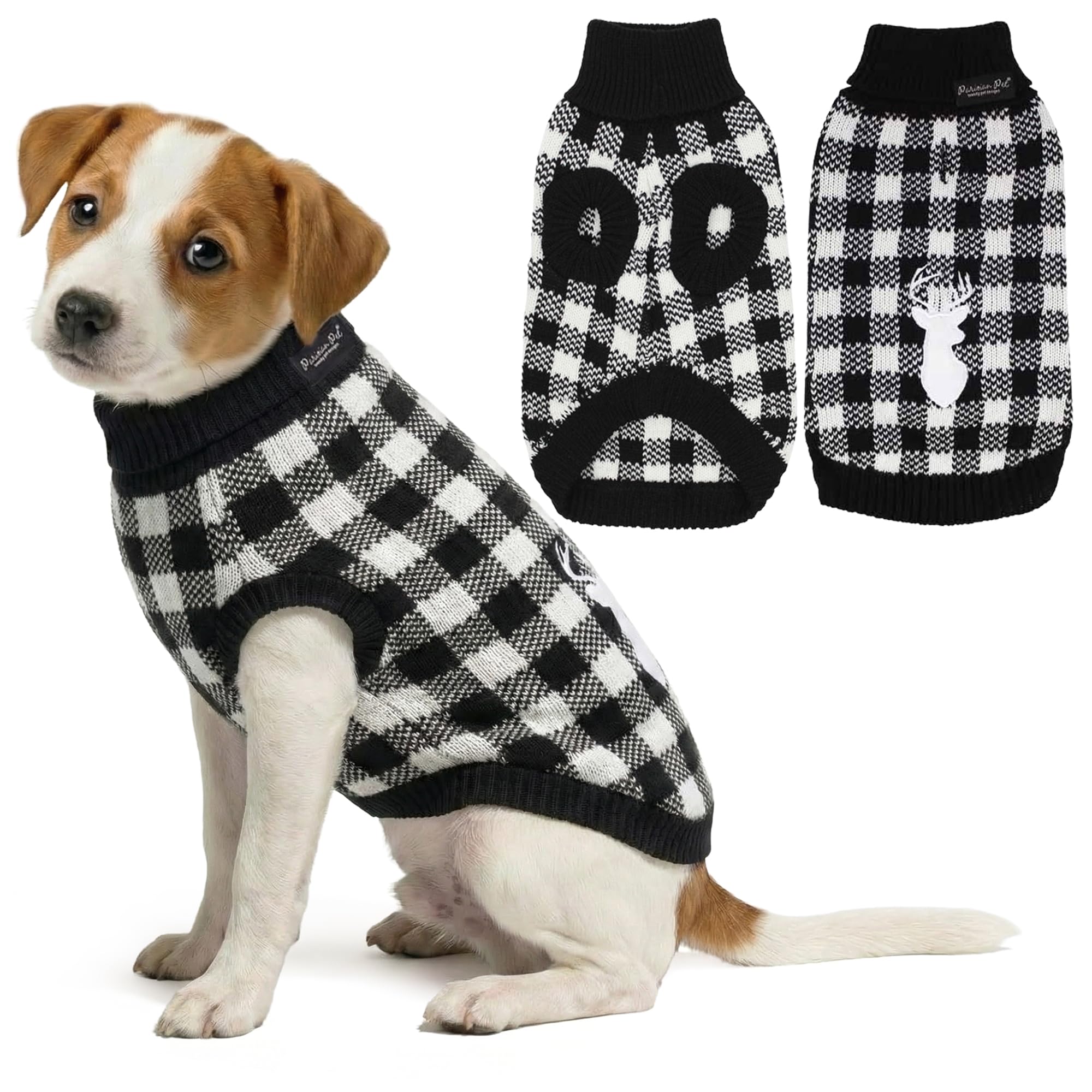 Parisian Pet - Turtleneck Sweater for Dogs - Black and White Checkered Plaid Knit Pullover - Size S