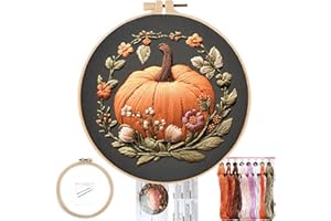 FONNUY Pumpkin Embroidery Kit for Beginners, Pre-Stamped Pattern Kits for Adults with Hoop, Easy to Follow Color Thread Needlework, 8'' Hoop (Orange)