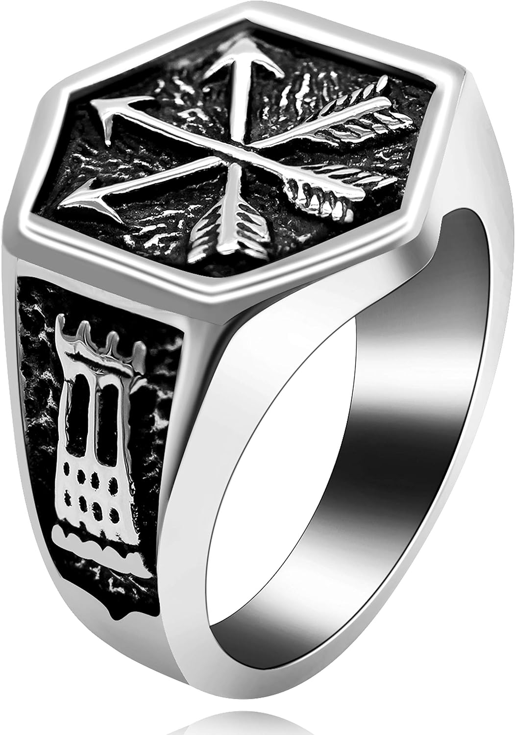 Uloveido Wide Stainless Steel Gothic Arrow Jewelry Hexagon Ring for Men Boys Sail Cocktail Ring for Anniversary Birthday Gift Y522