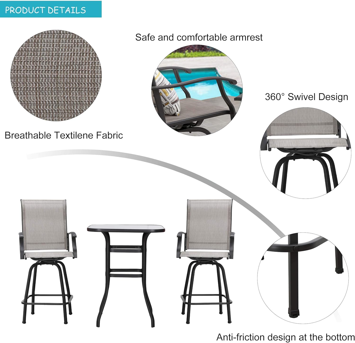 LOKATSE HOME 3 Pcs Bar Stools Set 2 High Swivel Chairs and 1 Height Outdoor Bistro Table, Patio Furniture, Grey Tesling Fabric: Garden & Outdoor