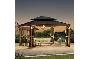 MODERN SHADE OUTDOOR LIVING SPACES Modern Shade The Horizon Hardtop Gazebo 12' x 14' with 4 LED Lights, Permanent Outdoor Gazebo with Galvanized Steel Double Roof, Grill Pavilion with Decor Hooks, Mosquito Nettings, Wood Grain