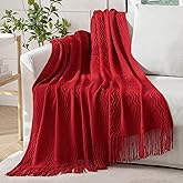 MIULEE Red Knitted Throw Blanket for Couch Boho Textured Cozy Woven Blanket with Tassels for Sofa Chair Bed Living Room Acrylic Wave Pattern 50"x60"