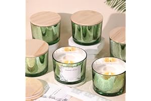 Simeitol 16 OZ Green Glass Candle Jars With Airtight Bamboo Lids - 6 Pcs Empty Jars Bulk With Sticky Warning Labels for Making Candles, Home Decor, Wedding, Christmas