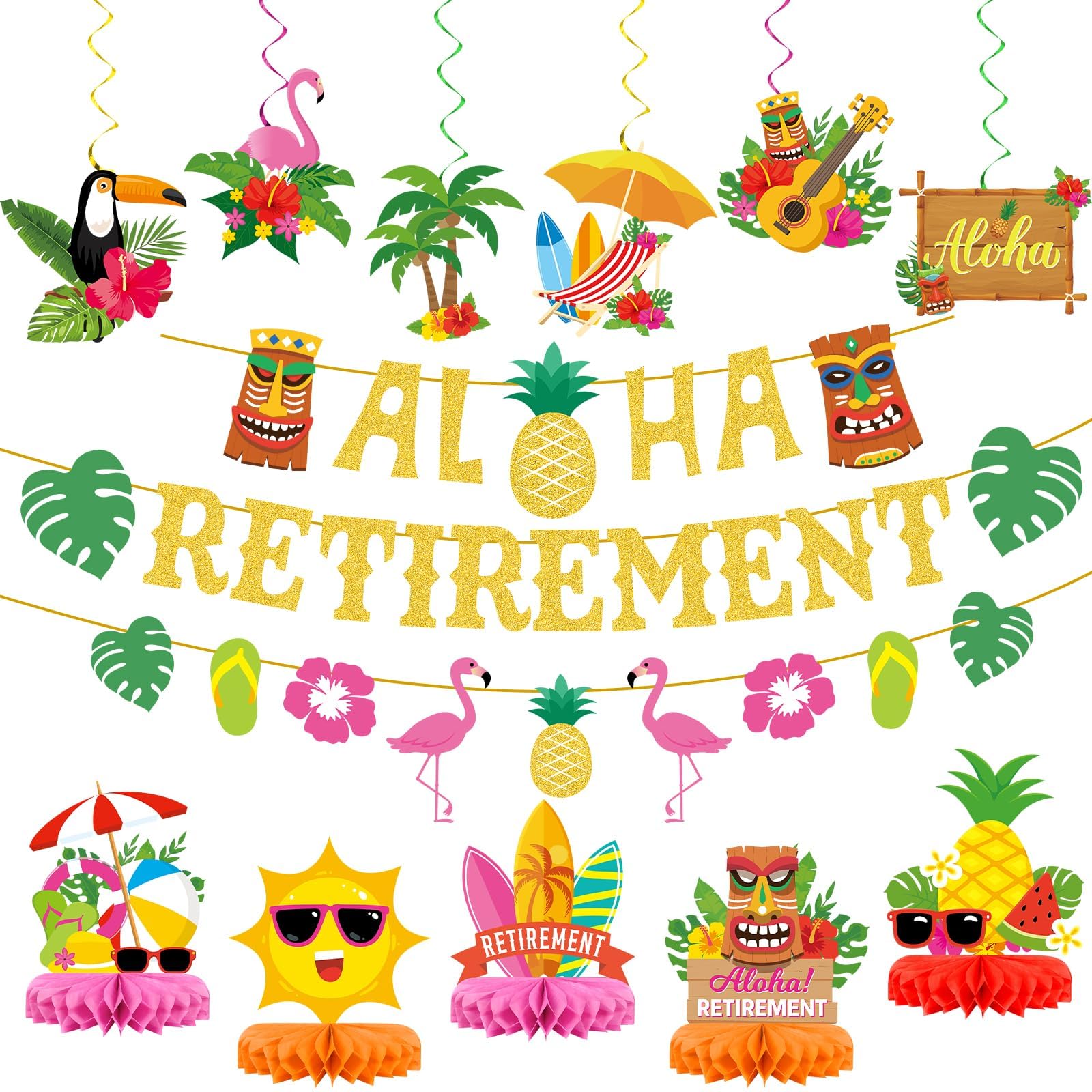 Photo 1 of Hawaiian Luau Retirement Party Decorations Aloha Banners Happy Retirement Hanging Swirls Tropical Honeycombs 3D Flamingo Palm Pineapple Table Centerpieces for Summer Beach Party Supplies Favor Decor