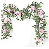 ASTNIC 2Pcs 5.9 Ft Artificial Rose Vine Fake Flower Garland Pink Rose Hydrangea Vines with 3D Butterflies Hanging Floral Eucalyptus Garland for Wedding Party Background Arch Table Wall Home Decor