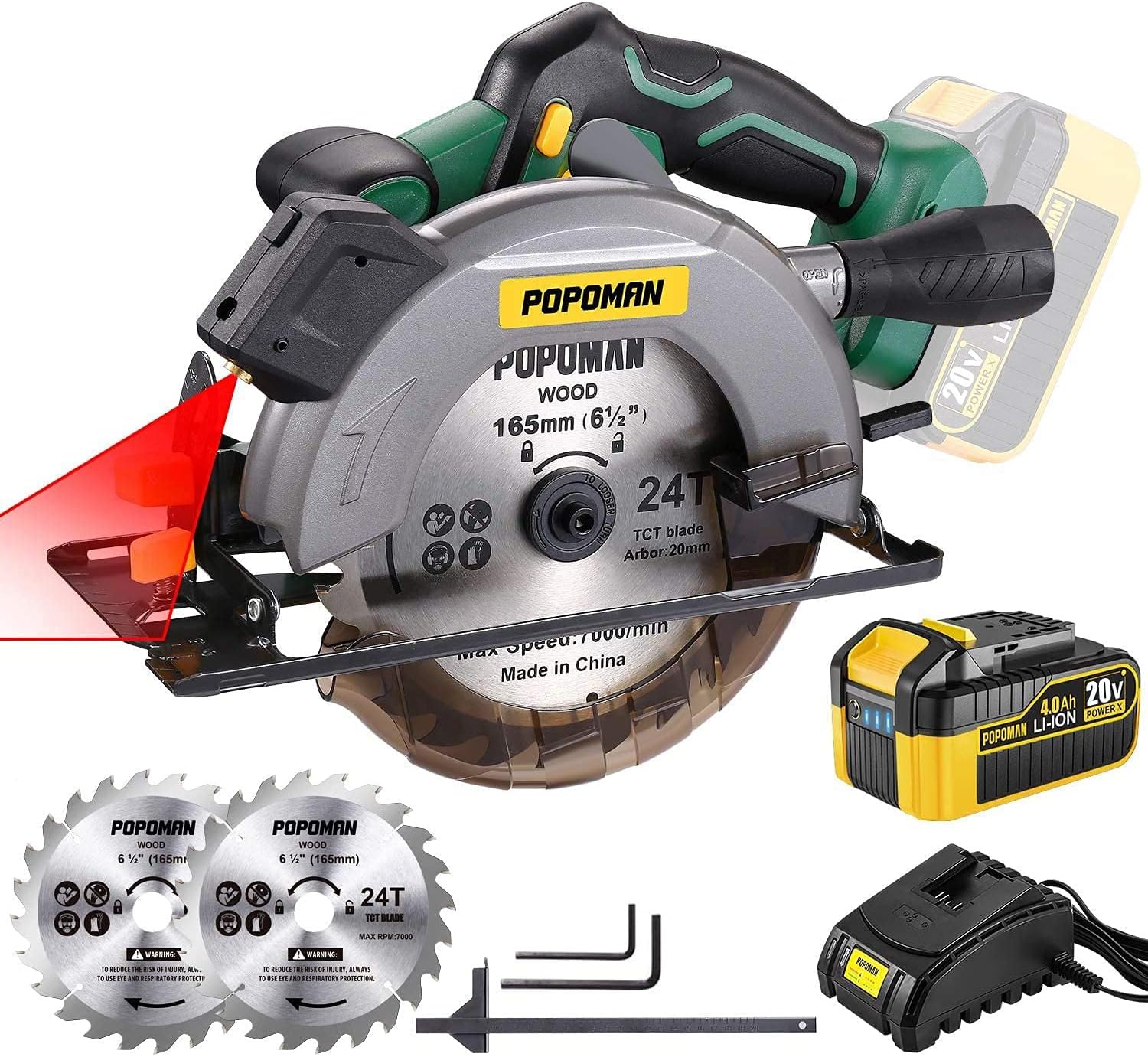 POPOMAN Cordless Circular Saw, 4300 RPM, 20V 4.0Ah Battery, Fast Charger, 2 x Blade(6-1/2"), Adjustable Cutting Depth 2-1/16"(90°), 1-3/8"(45°), Laser & Base Plate Adjustable - MTW300B - - 