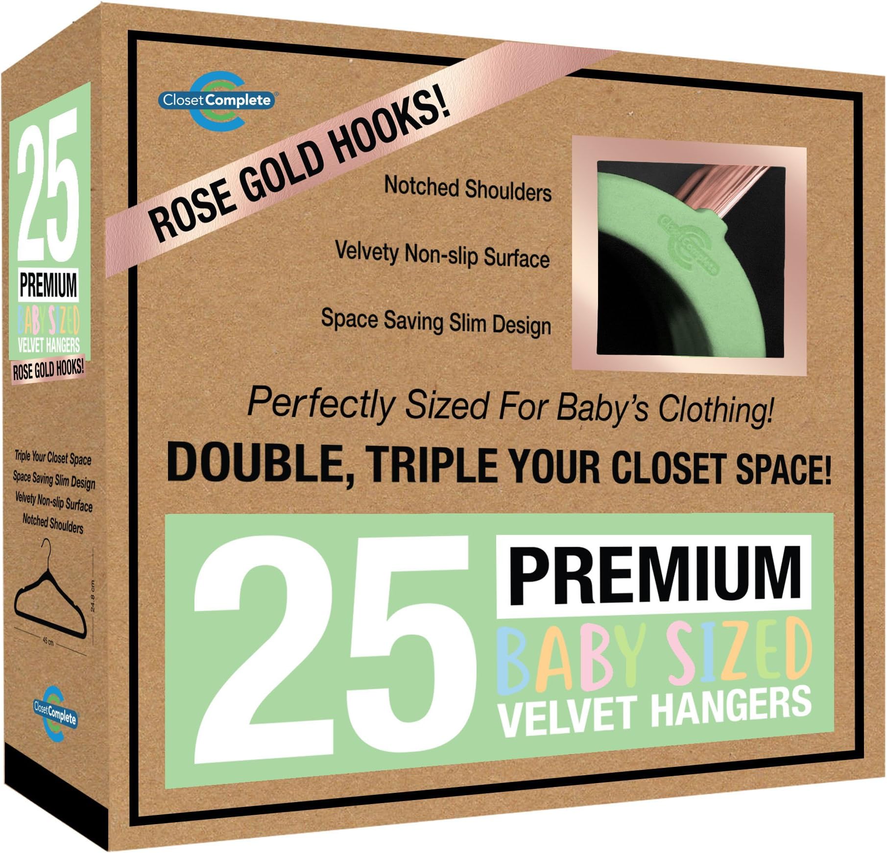Closet Complete Baby Velvet Hangers, Premium Quality, True-Heavyweight Virtually-UNBREAKABLE, Ultra-Thin Space Saving No-Slip, Perfect Size for Baby 0-48 months 360° SPIN, ROSE GOLD Hooks, GREEN, 25pc