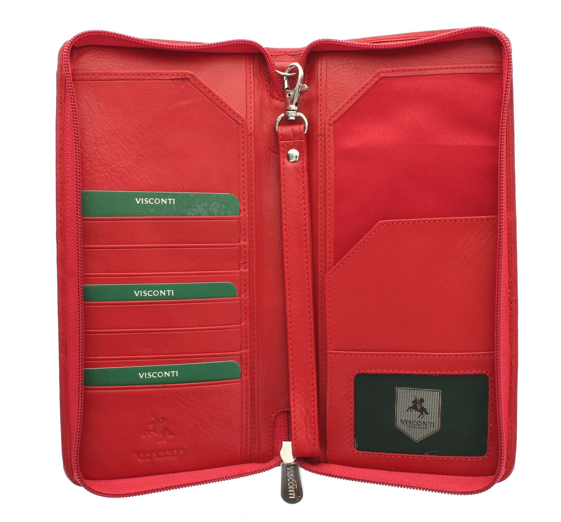 VISCONTI Leather Zipped Travel Document Holder & Strap RFID Blocking 1157 Red