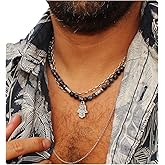 Liliya Jewelry Men’s Labradorite Necklace - 19.5 Inch Grey Gemstone Mala - Small Silver Hamsa Pendant - Tribal Boho Protection Gift for Him