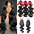 12A Human Hair Bundles with 2x6 Closure 18 20 22 with 16 Inch Brazilian Body Wave Bundles Human Hair with 2x6 HD Lace Closure 100% Unprocessed Virgin Human Hair Weave 3 Bundles Deals with Closure