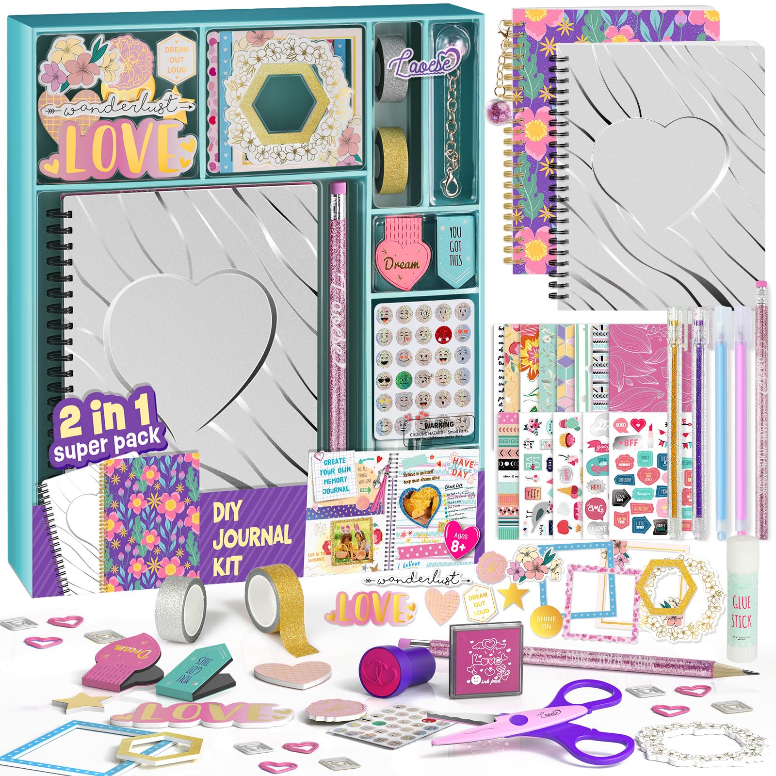 2-Pack Mega DIY Journal Kit - Gifts for Girls Ages 8 9 10 11 12 13 14 Year Old, Cool Birthday Easter Gifts Ideas for Girls, Art & Crafts for Tween Kid, Teen Girl Trendy Stuff, Scrapbook & Diary Set