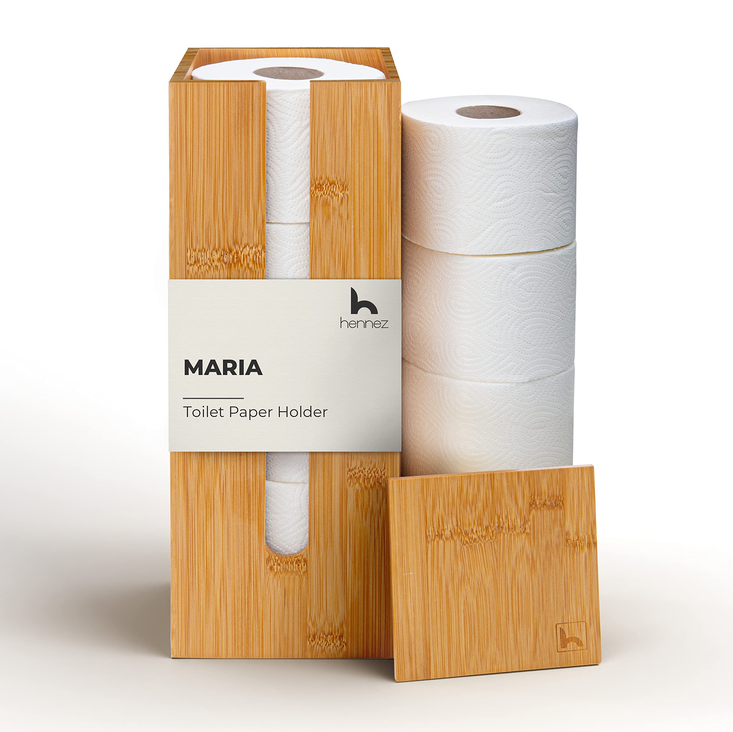 HENNEZ Bamboo Toilet Roll Storage - 4 Roll Capacity, Free Standing with Lid - Rustic, Eco-Friendly Bamboo