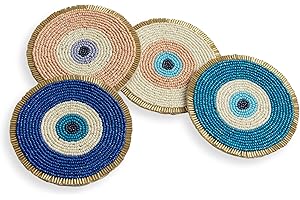 Folkulture Beaded Coasters for Drinks|Set of 4 (4") Decorative Bar Coasters for Table Décorations, Cute Boho Coaster Set for Cocktail, Modern Coaster for Coffee Table | Evil Eye Gifts for Her, Women