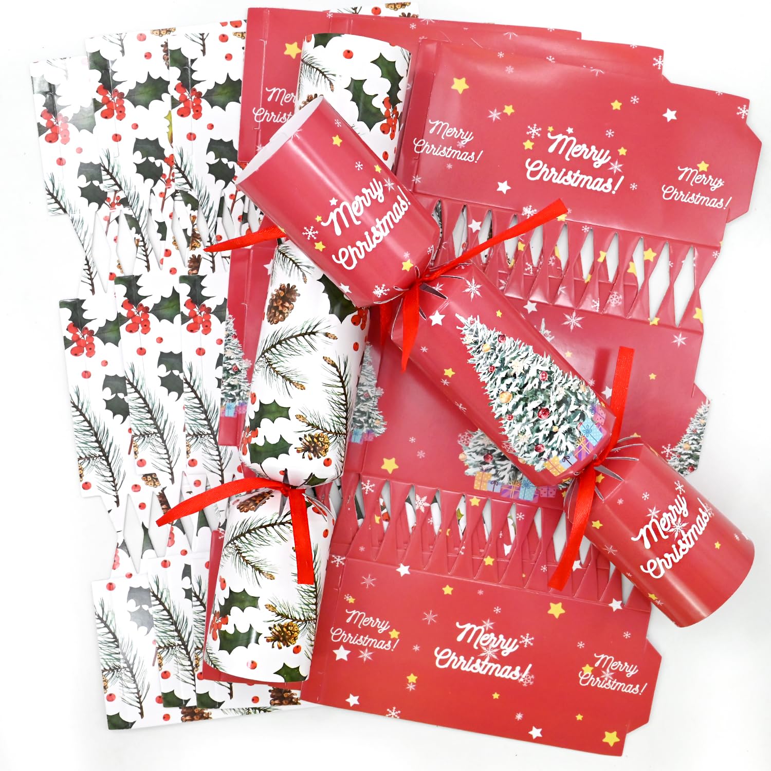 Gyoungt 10 Pack Chritmas Crackers, 10 Hats 20 Strings 10 Jokes Leaves Christmas Pine Needles Red Berries Pine Cones Christmas Party Game Make Your Own Christmas Cracker DIY Cracker Festive Seasonal