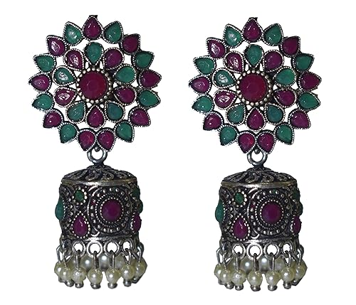 Desi Mela Beads Flower Tops Jhumka Earrings For Women and Girls (Green)